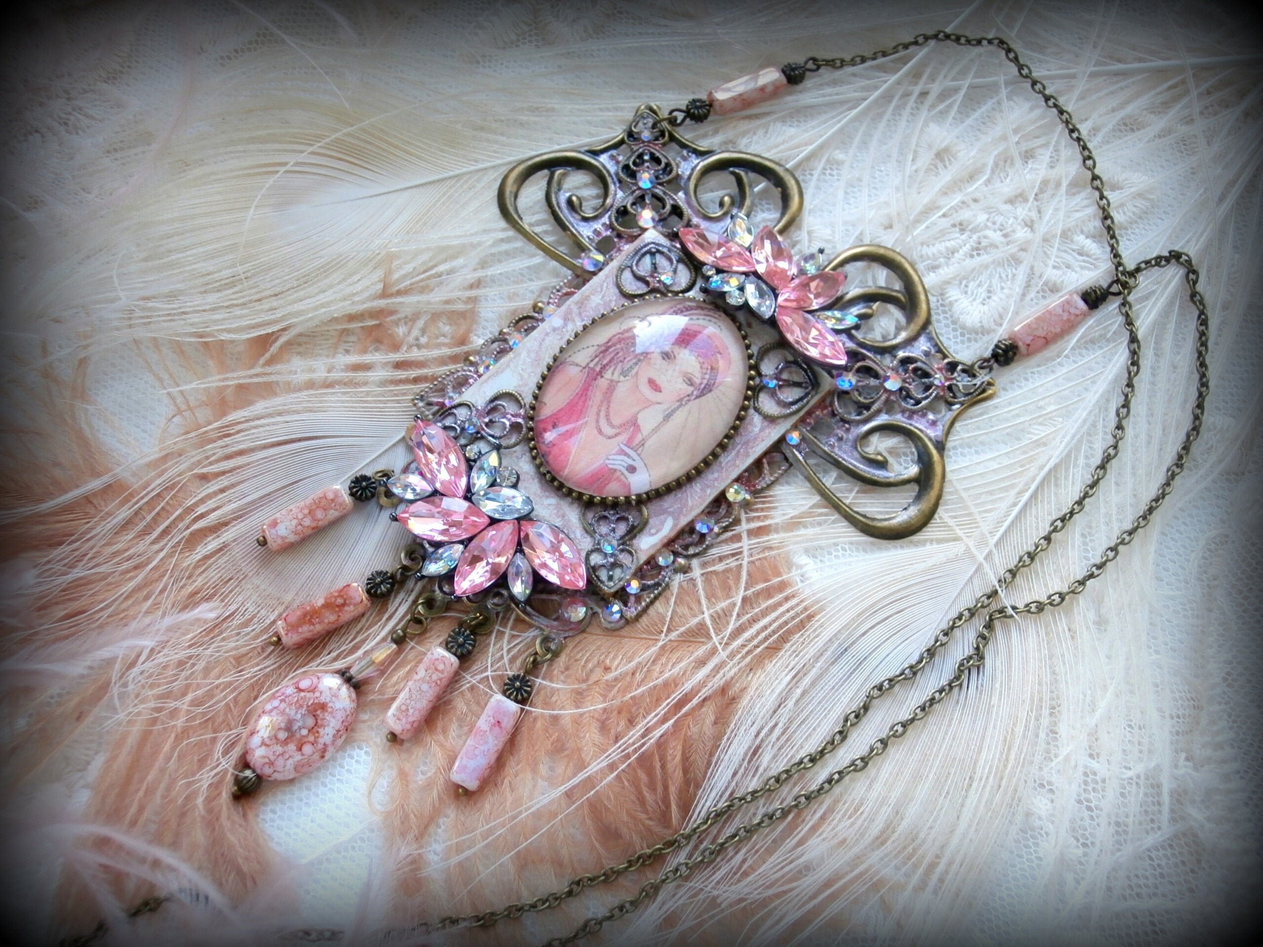 Collier Sautoir Art Déco En Cristal Et Jais - Longueur 120 Cm - Style Coco Couture - Occasion
