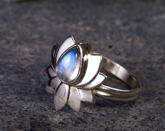 Ring ~ BLUE LOTUS ~ 925 Sterling Silver ~ Lotus Flower Ring with Moonstone