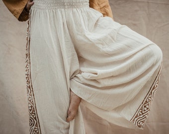 Pantalon maxi ~ MALOU ~ en coton brut ~ blanc naturel avec imprimé bloc ~ Pantalon bédouin ~ mode yoga