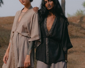 Kimono KALA nero ~ Realizzato in 100% cotone ~ Abbigliamento da spiaggia ~ Accappatoio vintage ~ Vestaglia ~ Kimono vintage ~ Vestaglia da camera ~ Abbigliamento per la casa