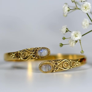 Bangle with real moonstone ~ Boho brass bracelet ~ Oriental design