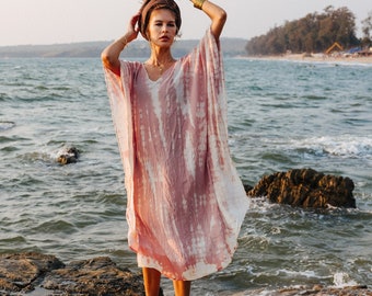 Kaftan Dress ~ ALENA ~ Beach Outfit ~ Surfer Poncho ~ Lightweight Wrap ~ Beachwear ~ XXL Dress ~ Pink / White