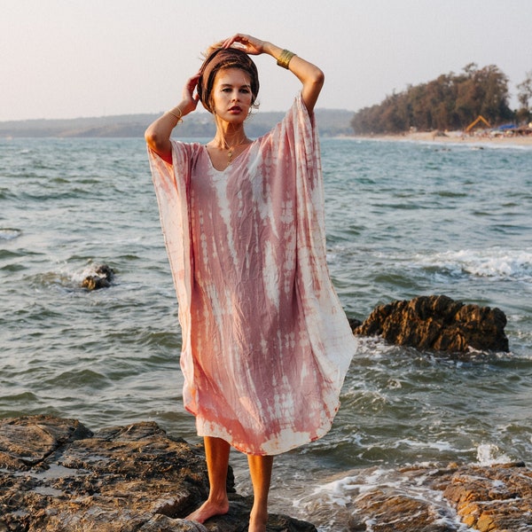 Kaftanjurk ~ ALENA ~ Strandoutfit ~ Surferponcho ~ Lichtgewicht plaid ~ Strandkleding ~ XXL jurk ~ Roze/wit