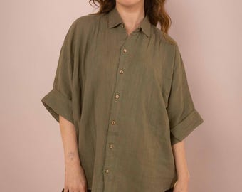 Mousseline blouse JAMIE olijfgroen ~ Oversized blouse van 100% katoen ~ Oversized zomerblouse met korte mouwen ~ Korte mousseline blouse voor dames