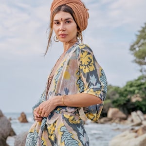 Kimono largo PALMA | bata de seda | gris-amarillo