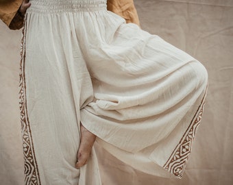 Pantalon long MALOU en coton brut | blanc naturel avec impression en bloc | Pantalon bédouin
