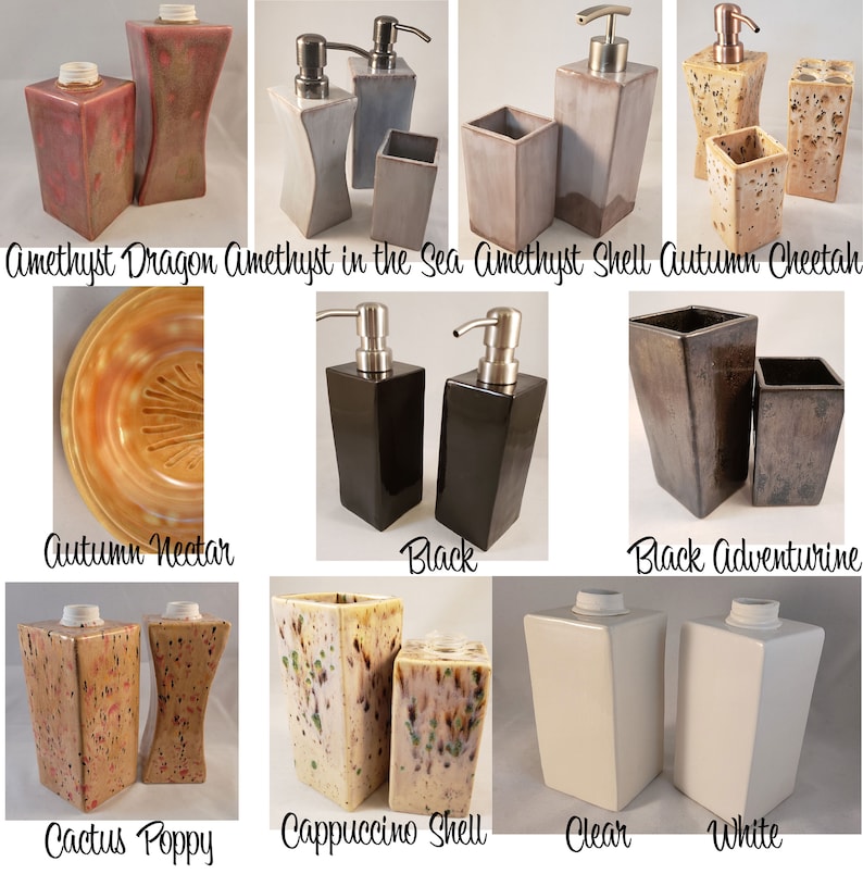 May include: Assortment of ceramic soap dispensers in various colors and patterns, including amethyst, black, white, and brown. The dispensers are arranged in pairs, with each pair featuring a different design.