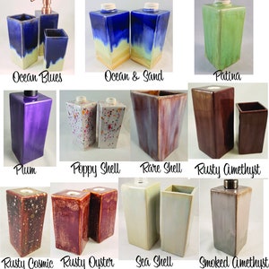 May include: Set of ceramic soap dispensers and soap dishes in various colors and patterns, including Ocean Blues, Ocean & Sand, Patina, Plum, Poppy Shell, Rare Shell, Rusty Amethyst, Rusty Cosmic, Rusty Oyster, Sea Shell, and Smoked Amethyst.