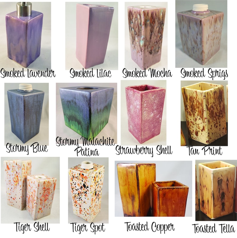 May include: A collection of 12 ceramic soap dispensers in various colors and patterns, including smoked lavender, stormy blue, tiger spot, and toasted copper.