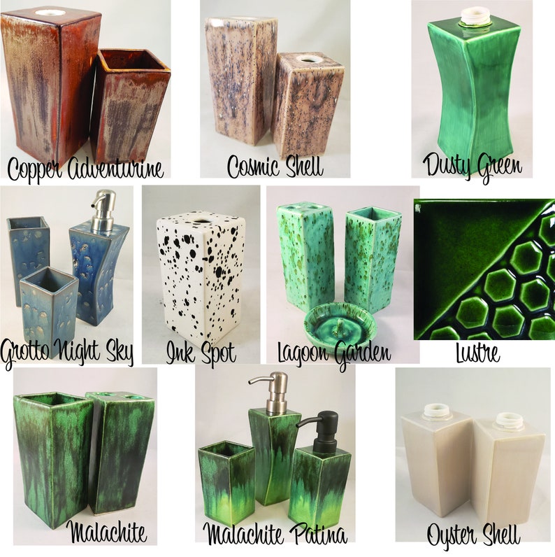 May include: Set of ceramic bathroom accessories in various colors and patterns, including Copper Adventurine, Cosmic Shell, Dusty Green, Grotto Night Sky, Ink Spot, Lagoon Garden, Lustre, Malachite, Malachite Patina, and Oyster Shell.
