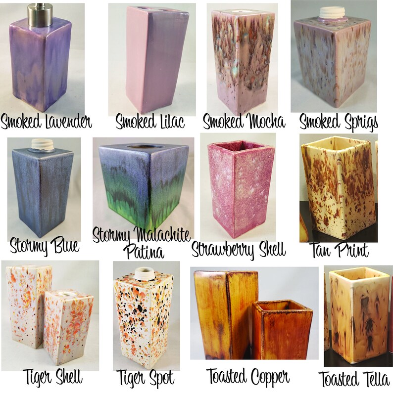 May include: A collection of 12 ceramic soap dispensers in various colors and patterns, including smoked lavender, stormy blue, tiger spot, and toasted copper.