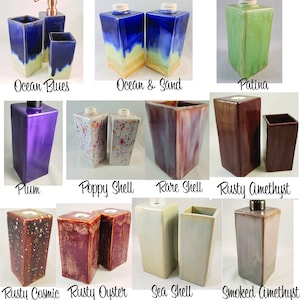 May include: Set of ceramic soap dispensers and soap dishes in various colors and patterns, including Ocean Blues, Ocean & Sand, Patina, Plum, Poppy Shell, Rare Shell, Rusty Amethyst, Rusty Cosmic, Rusty Oyster, Sea Shell, and Smoked Amethyst.