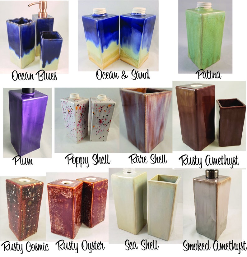 May include: Set of ceramic soap dispensers and soap dishes in various colors and patterns, including Ocean Blues, Ocean & Sand, Patina, Plum, Poppy Shell, Rare Shell, Rusty Amethyst, Rusty Cosmic, Rusty Oyster, Sea Shell, and Smoked Amethyst.