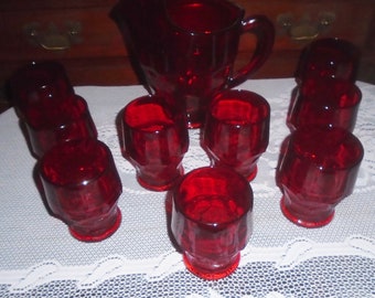 Vintage Viking Glass GEORGIAN Ruby Red HONEYCOMB Pitcher with 9 Glasses