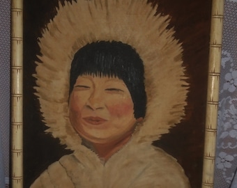 Original Oil Painting D Polk Vintage 1970s Inuit Girl Portrait Framed