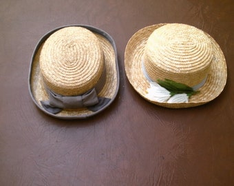 2-- Vintage Ladies Tan Straw Hat Hats with Gray Bow & Ribbon other Flowers