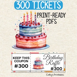 Peut inclure: Illustration à l'aquarelle d'un gâteau d'anniversaire à deux niveaux avec des bougies allumées. L'image comprend le texte "300 TICKETS PRINT-READY PDFs" et un billet de tombola avec "Birthday Raffle #300" et "Keep this coupon #300".