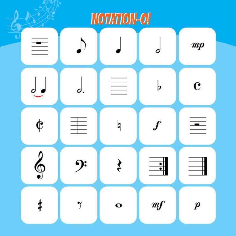 May include: A colorful chart with musical notation symbols, including notes, clefs, sharps, flats, time signatures, and tempo markings. The chart is titled "Notation-O!"
