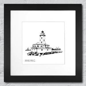 Chicago Harbor Lighthouse | Historical Architecture Illustration / Art Print (Frame not Included)  8x8&quot; or 12x12&quot; | FREE SHIPPING INCLUDED