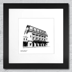 May include: Black and white line drawing of a building with a large facade and multiple windows. The building is labeled "Kalischer Theater 1908" and "Heute: National Theater".