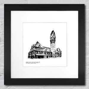 May include: Black and white line drawing of a historic train station with a tall clock tower. The text below the image reads "Southern Railway's New Union Station, 1898, Providence, R.I.  Drawn by Charles A. Hooper, Architect, for the Providence Journal."
