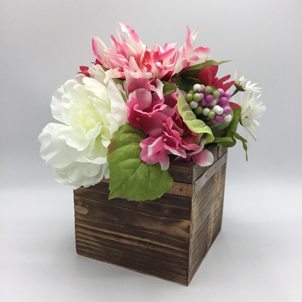 Spring Centerpiece, Spring Floral, Spring Decor, White and Fushia Floral, Rustic Decor, Rustic Centerpiece, Wood Container Floral