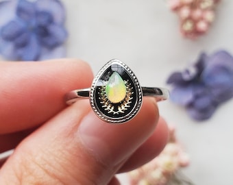 Natural Ethiopian opal ring, floral boho jewelry, teardrop botanical laurel stainless steel ring