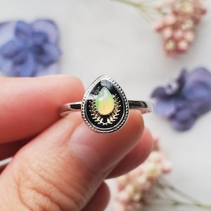 Natural Ethiopian opal ring, floral boho jewelry, teardrop botanical laurel stainless steel ring