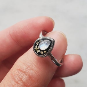Rainbow moonstone floral ring, real flower jewelry, boho gemstone teardrop ring, botanical ring