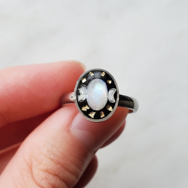 Rainbow moonstone ring, celestial statement jewelry, boho silver moon phase ring | stainless steel