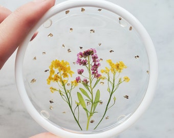 Pressed flower Dish Real Pressed yellow flowers in clay Boho bridesmaid Jewelry storage garden lover Tiny Ring Dish for Mom