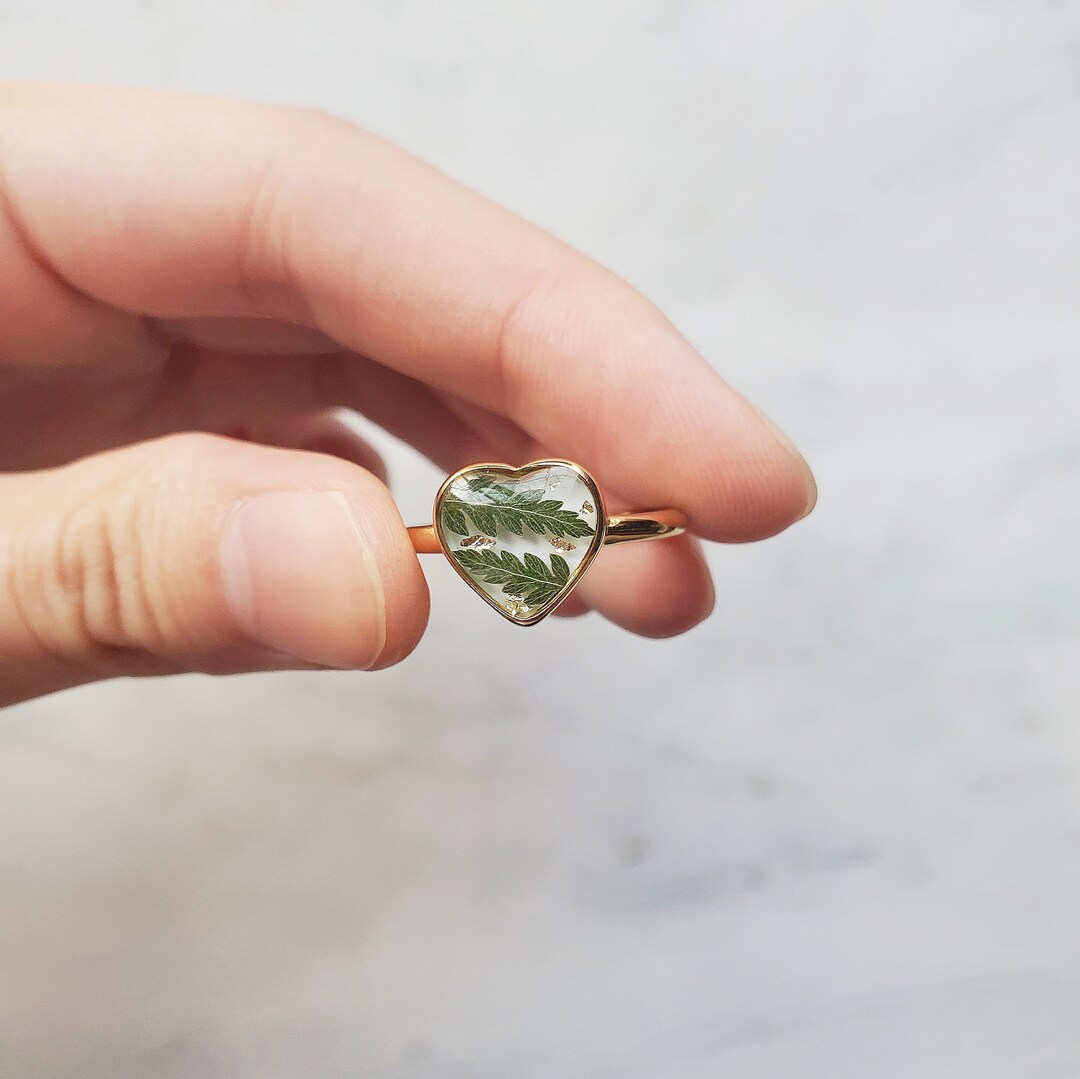 Real fern heart ring, gold boho nature plant jewelry, stainless steel statement ring