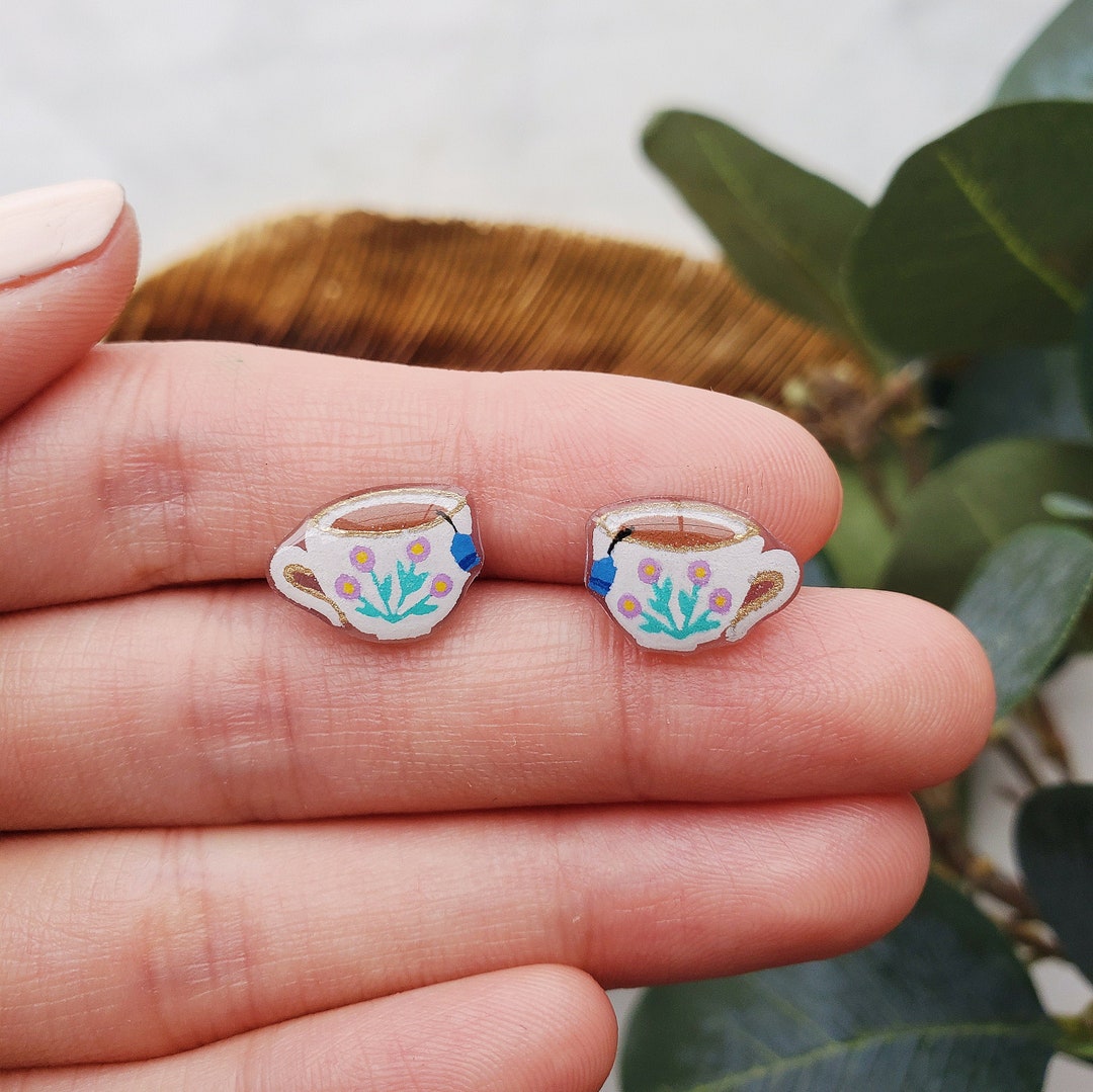 Teacup Stud Earrings, Tea Lover Gift, Tea Bag Food Drink Jewelry