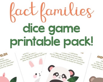 Animal Fact Family /Families Dice Game Printables math addition subtraction - game for kids - gameschooling, homeschooling digital download