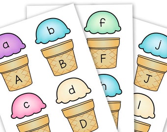 Ice Cream Cone Alphabet Letter Uppercase and Lowercase Match Up Printable Cards - Instant Download