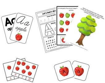 A is for Apple - Themed Activity and Craft Learning Bundle - Busy Bag Flashcards Math Homeschool Printable Cards Banner School Download