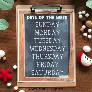 Days of the Week Chart PRINTABLE, Chalkboard, Preschool, Kindergarten, Printable classroom decor, educational learning tool, homeschooling