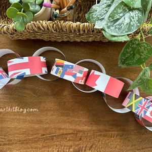 May include: A paper chain made of white paper circles with different country flags printed on them. The flags include Germany, the United Kingdom, Australia, Canada, Jamaica, and Brazil. The chain is on a wooden surface.