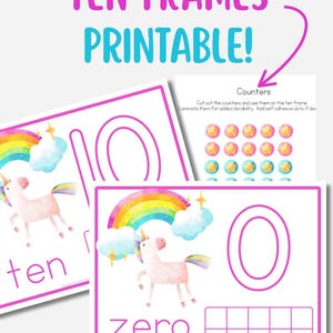 May include: Printable educational materials featuring rainbow-themed ten frames. The design includes illustrations of unicorns, rainbows, and clouds. The text reads "Rainbow Ten Frames Printable!" and "zero" and "ten". Includes counters for use with the frames.