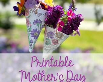 Printable Happy Mother's Day Flower Cone, Mother's Day Printable Craft, Digital Mother's Day, Flower Bouquet Printable, Mothers Day Coloring