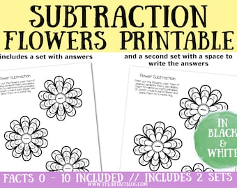 Waldorf SUBTRACTION Flower Printable, Math Wheels 0-10, Black and White, Flash Cards, Activity Sheets, Montessori Homeschooling, Times Table