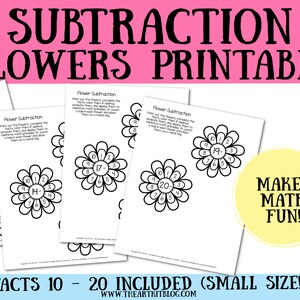 May include: Black and white printable worksheets featuring flower-shaped subtraction problems. The worksheets include subtraction facts from 10 to 20. The text "Flower Subtraction" and "Makes Math Fun!" are included on the worksheets.