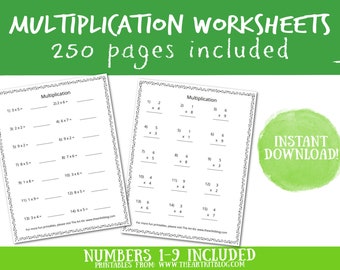 200 Pages Printable Multiplication Worksheets, Numbers 1-9, 1st Grade to 4th Math, Horizontal and Vertical Layouts, Answers Included