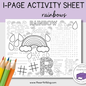 Printable Activity Placemat for Kids, Rainbow Activity, Rainbow Craft Printable, Spring Worksheets Kindergarten, Road Trip Printables