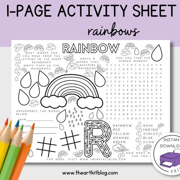 Printable Activity Placemat for Kids, Rainbow Activity, Rainbow Craft Printable, Spring Worksheets Kindergarten, Road Trip Printables