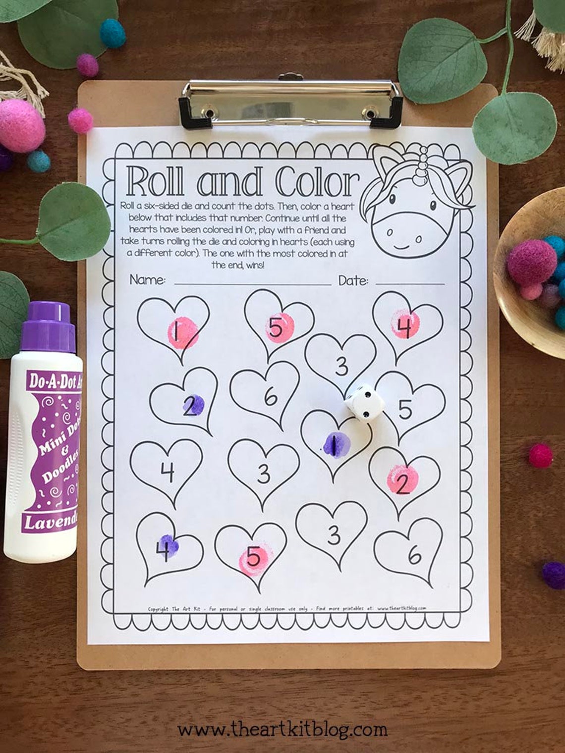 Roll and Color Dice Game Printable, Unicorn Printable Game, Games for