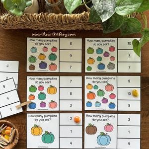 Tarjetas con clip para contar calabazas, reconocimiento de números imprimible, descarga instantánea imprimible, imprimibles para educación en el hogar, centros preescolares