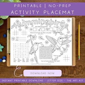 Hummingbird Placemat, Activity Placemat, Printable Nature Activity, Hummingbird Coloring Sheet, Teacher Resources, Homeschool Activity