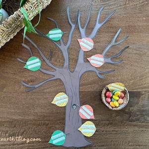 May include: A brown paper tree with colourful leaf cutouts for writing. A small basket of colourful sweets sits to the right. The website address www.theartkitblog.com is at the bottom.