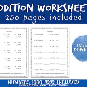 200 pagina's afdrukbare optellingswerkbladen, getallen 1000-9999, horizontale en verticale lay-outs, antwoorden inbegrepen, thuisonderwijs, aanvullend